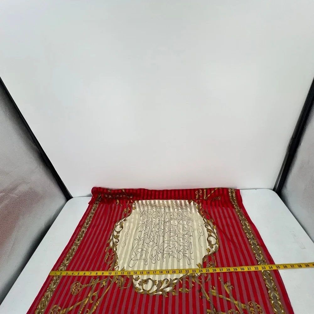 Vintage Liz Claiborne Scarf Sheer Stripe Red Gold Skeleton‎ Keys Script Baroque